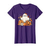 Ghost Halloween Flower Costume Floral Women Cute Ghost with Flower Halloween Pumpkin Autumn Women T-Shirt - size chart