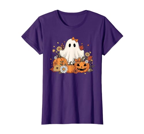 Ghost Halloween Flower Costume Floral Women Cute Ghost with Flower Halloween Pumpkin Autumn Women T-Shirt - size chart