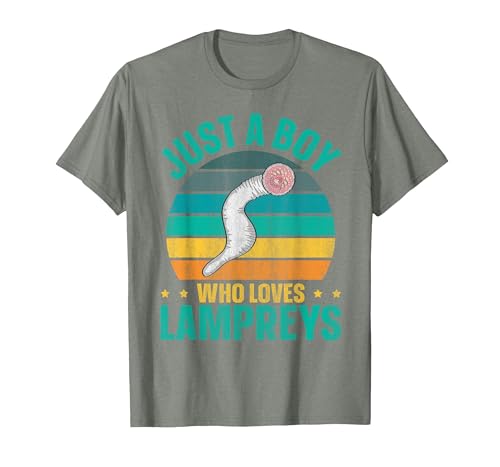 Sea Lamprey Fish Quote Just a boy who Loves Lampreys Quote for a Lamprey Boy T-Shirt - size chart