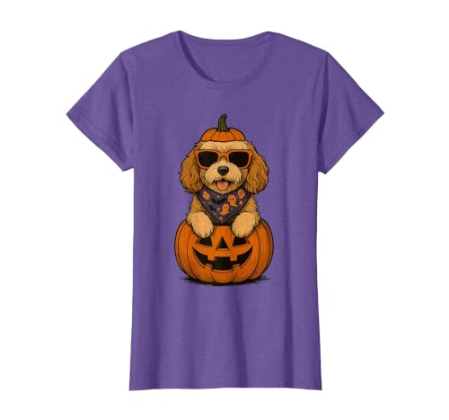 Funny Retro Maltipoo mom Halloween Spooky Cavapoo Pumpkin Halloween Doodle Dog Lover T-Shirt - size chart