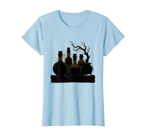 Mademark Vintage Halloween Potion Bottles Dusty Shelf T-Shirt - size chart