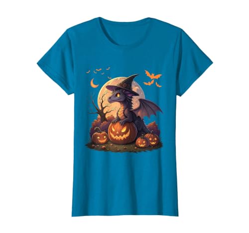 Halloween Dragons Fantasy Spooky Witchy Cute Halloween Dragon Witch Hat Pumpkin Moon Fantasy T-Shirt - size chart