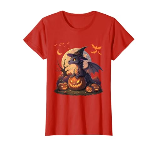 Halloween Dragons Fantasy Spooky Witchy Cute Halloween Dragon Witch Hat Pumpkin Moon Fantasy T-Shirt - size chart