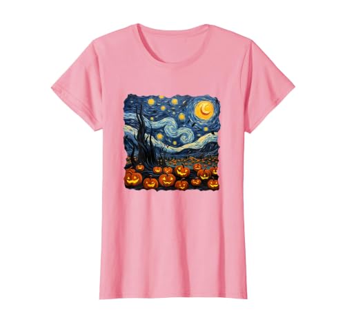 Teacher Halloween by K Halloween Pumpkin Starry Night Van Gogh Funny Art Teacher T-Shirt - size chart