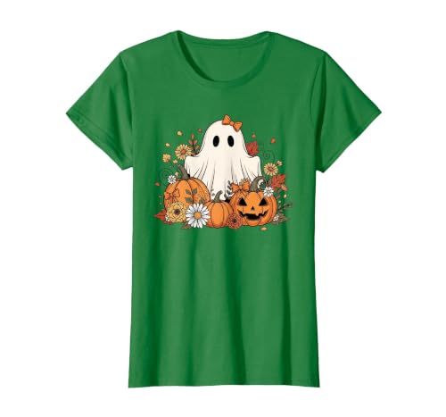 Ghost Halloween Flower Costume Floral Women Cute Ghost with Flower Halloween Pumpkin Autumn Women T-Shirt - size chart