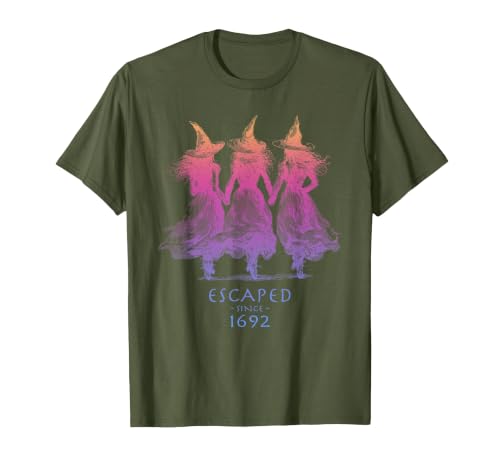 Escaped Since 1692 Halloween Escaped Since 1692 Funny Witch Halloween Design T-Shirt - size chart