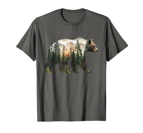 Bear Designs. Bear Forest Mountains Trees Nature Sunset Outdoor Graphic T-Shirt - size chart