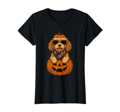 Funny Retro Maltipoo mom Halloween Spooky Cavapoo Pumpkin Halloween Doodle Dog Lover T-Shirt - size chart