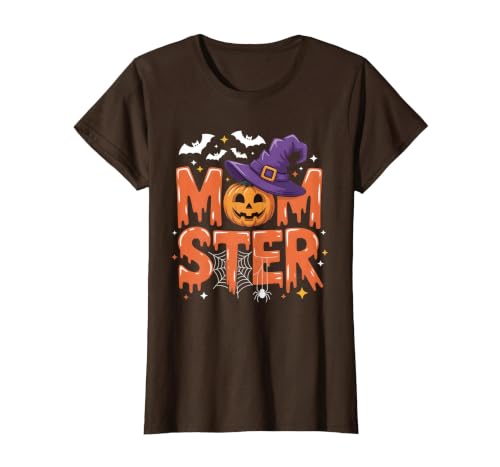 Mom-ster Halloween Funny Witch Hat Pumpkin Mom Momster Mom Mommy Matching Family Halloween Costume Women T-Shirt - size chart