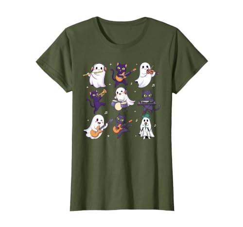 Halloween Music Teacher Ghost Music Lover Cute Ghost Cat Playing Musical Halloween Music Teacher T-Shirt - size chart