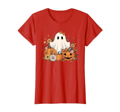 Ghost Halloween Flower Costume Floral Women Cute Ghost with Flower Halloween Pumpkin Autumn Women T-Shirt - size chart