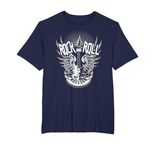 Rock and Roll Music Vintage Retro Gifts Vintage 80s Rock & Roll Music Electric Guitar Skeleton Wings T-Shirt - size chart