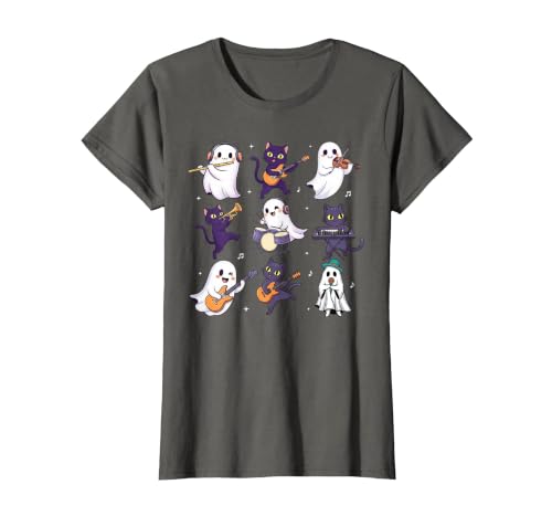 Halloween Music Teacher Ghost Music Lover Cute Ghost Cat Playing Musical Halloween Music Teacher T-Shirt - size chart