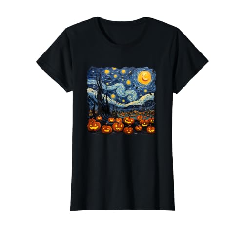 Teacher Halloween by K Halloween Pumpkin Starry Night Van Gogh Funny Art Teacher T-Shirt - size chart
