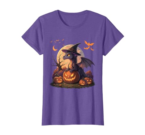 Halloween Dragons Fantasy Spooky Witchy Cute Halloween Dragon Witch Hat Pumpkin Moon Fantasy T-Shirt - size chart