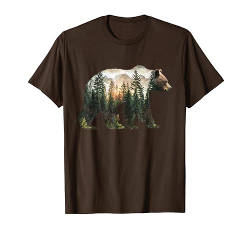 Bear Designs. Bear Forest Mountains Trees Nature Sunset Outdoor Graphic T-Shirt - size chart