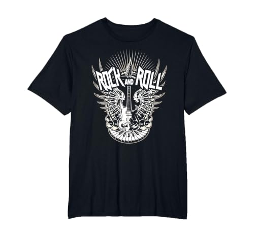 Rock and Roll Music Vintage Retro Gifts Vintage 80s Rock & Roll Music Electric Guitar Skeleton Wings T-Shirt - size chart