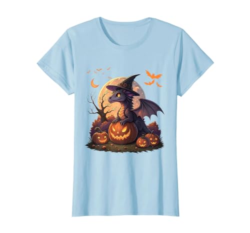 Halloween Dragons Fantasy Spooky Witchy Cute Halloween Dragon Witch Hat Pumpkin Moon Fantasy T-Shirt - size chart