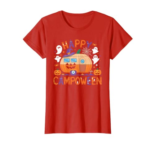Spooky Camp-O-Ween Ghosts and Campfire Apparel Happy Camp-O-Ween Halloween Camping Ghosts and Campfires T-Shirt - size chart