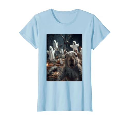Funny Halloween Animals Selfies Clothing Funny Squirrel Selfie with Ghosts Haunted Forest Halloween T-Shirt - size chart