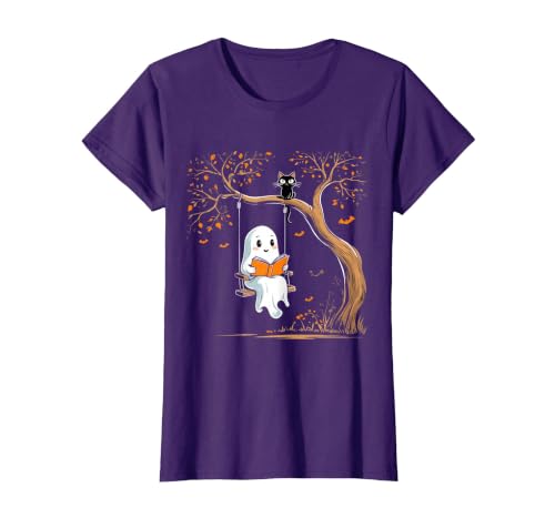 Halloween Ghost Swing Reading Vintage Ghost Swing Reading Book Swinging Halloween Costume T-Shirt - size chart