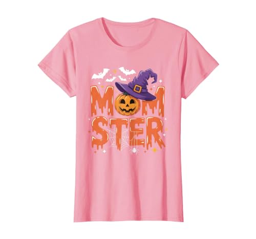 Mom-ster Halloween Funny Witch Hat Pumpkin Mom Momster Mom Mommy Matching Family Halloween Costume Women T-Shirt - size chart