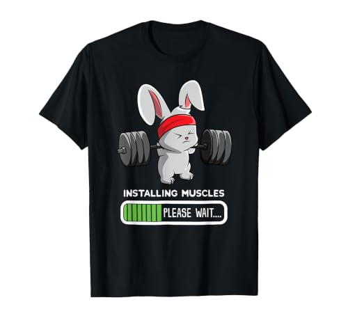 Bunny Gym Rabbit Weights Installing Muscles T-Shirt — design detail