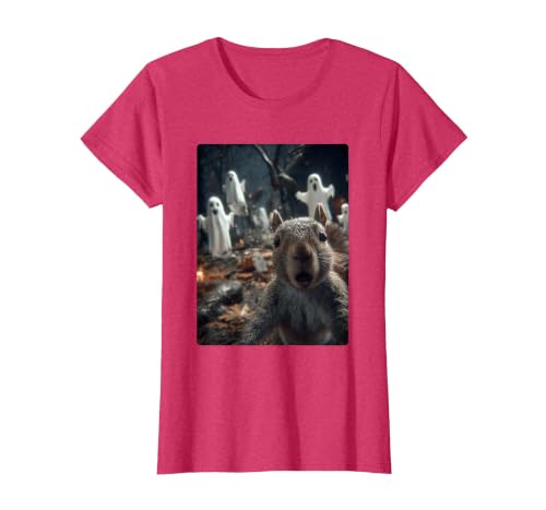 Funny Halloween Animals Selfies Clothing Funny Squirrel Selfie with Ghosts Haunted Forest Halloween T-Shirt - size chart