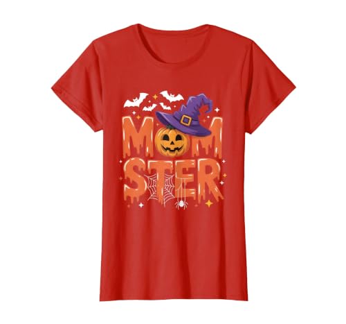 Mom-ster Halloween Funny Witch Hat Pumpkin Mom Momster Mom Mommy Matching Family Halloween Costume Women T-Shirt - size chart