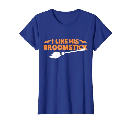Funny Groovy Halloween Outfit I Like His Broomstick Halloween Funny Matching Couples T-Shirt - size chart
