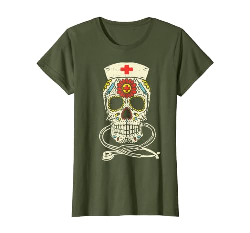 Halloween Nurse Shirts For Women Scrub Costumes Nurse Sugar Skull Stethoscope RN Medical Halloween Costume T-Shirt - size