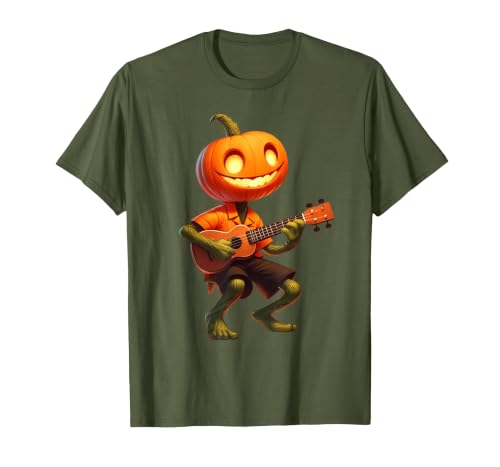 Funny Pumpkin Head Halloween Ukulele Tees Pumpkin Face Playing Ukulele Halloween Costume Men Boys Kids T-Shirt - size chart