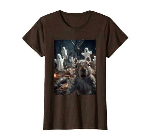 Funny Halloween Animals Selfies Clothing Funny Squirrel Selfie with Ghosts Haunted Forest Halloween T-Shirt - size chart