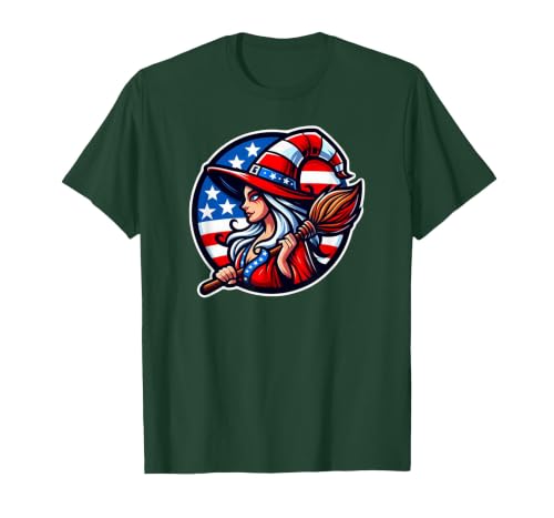 Witch American Patriotic Halloween USA T-Shirt - size chart
