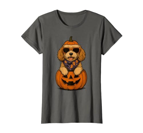 Funny Retro Maltipoo mom Halloween Spooky Cavapoo Pumpkin Halloween Doodle Dog Lover T-Shirt - size chart