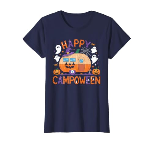 Spooky Camp-O-Ween Ghosts and Campfire Apparel Happy Camp-O-Ween Halloween Camping Ghosts and Campfires T-Shirt - size chart