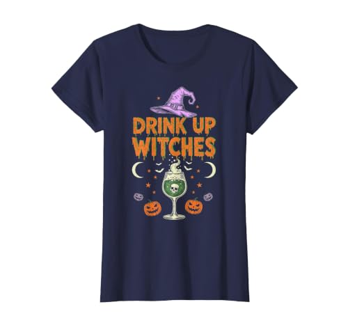 Funny Halloween Tees for Men Women Kids. Drink Up Witches Purple Hat Funny Halloween Men Women T-Shirt - size chart