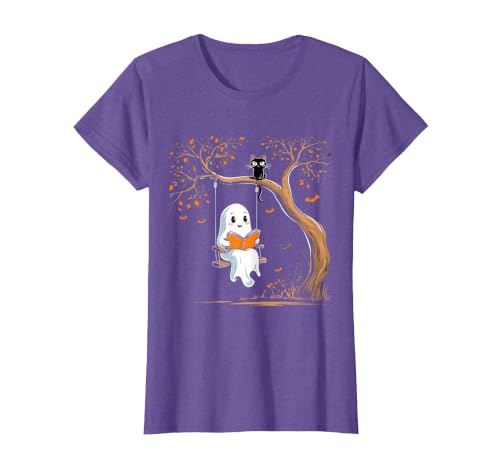 Halloween Ghost Swing Reading Vintage Ghost Swing Reading Book Swinging Halloween Costume T-Shirt - size chart