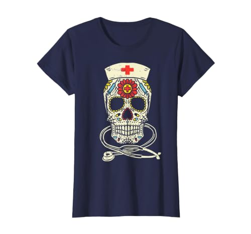 Halloween Nurse Shirts For Women Scrub Costumes Nurse Sugar Skull Stethoscope RN Medical Halloween Costume T-Shirt - size