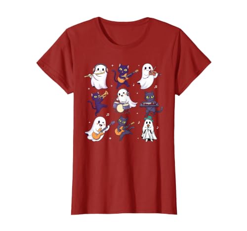 Halloween Music Teacher Ghost Music Lover Cute Ghost Cat Playing Musical Halloween Music Teacher T-Shirt - size chart