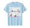 Zombie Apocalypse Survival Gear Hunter Zombie Hunter Blood Splatter Typography T-Shirt - size chart