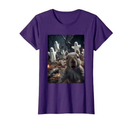 Funny Halloween Animals Selfies Clothing Funny Squirrel Selfie with Ghosts Haunted Forest Halloween T-Shirt - size chart