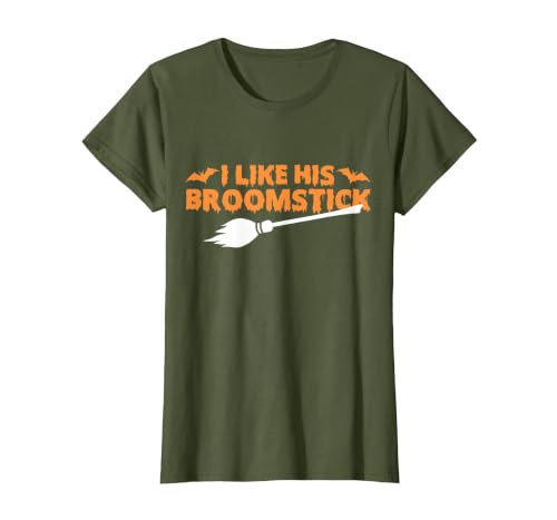Funny Groovy Halloween Outfit I Like His Broomstick Halloween Funny Matching Couples T-Shirt - size chart