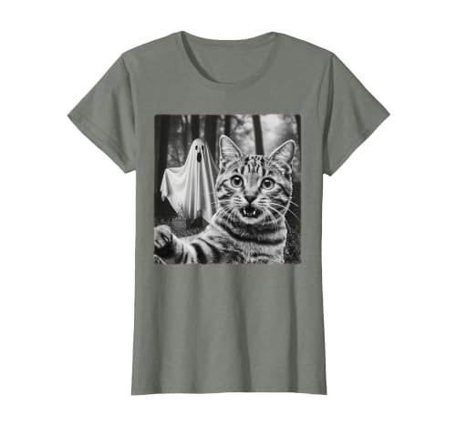 Halloween Cat Selfie with Spooky Ghost t -shir t Halloween Cat Selfie with Spooky Ghost T-Shirt - size chart
