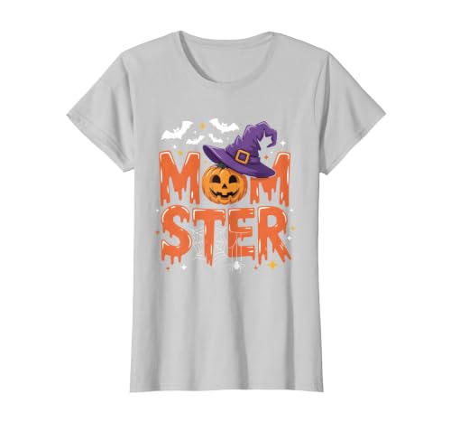 Mom-ster Halloween Funny Witch Hat Pumpkin Mom Momster Mom Mommy Matching Family Halloween Costume Women T-Shirt - size chart