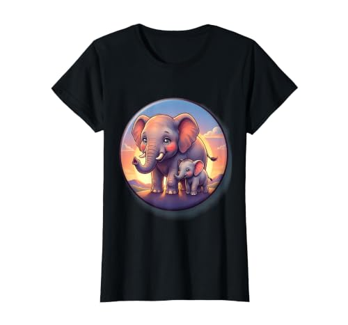 Mademark Elephant Mother and Calf Sunset Walk Design T-Shirt - Women - size chart