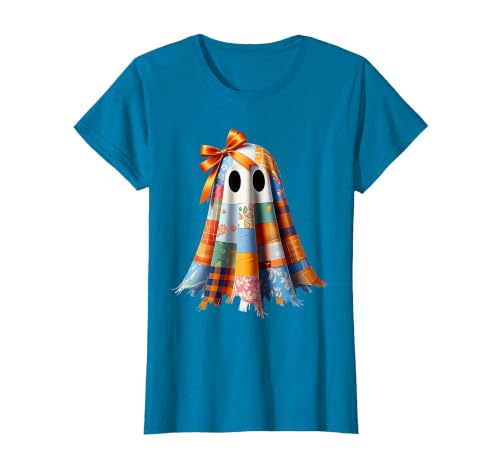 Patchwork Quilt Ghost Halloween Quilter Autumn Tee Patchwork Ghost Quilt Halloween Quilter Fall Autumn Bow Cute T-Shirt -
