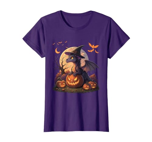 Halloween Dragons Fantasy Spooky Witchy Cute Halloween Dragon Witch Hat Pumpkin Moon Fantasy T-Shirt - size chart