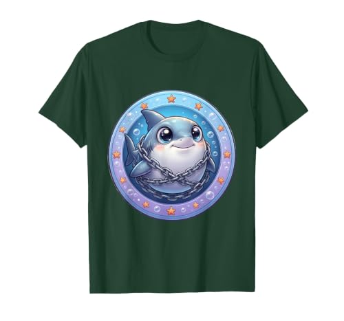 Mademark Great White Shark Tangled in Anchor Chain Art T-Shirt - size chart