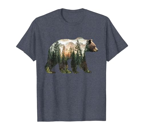 Bear Designs. Bear Forest Mountains Trees Nature Sunset Outdoor Graphic T-Shirt - size chart